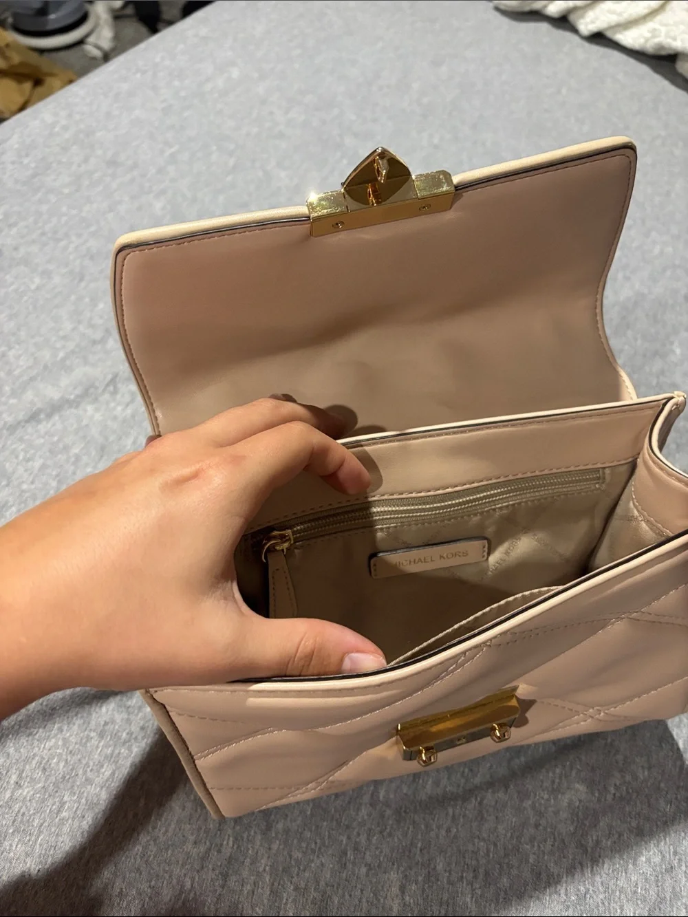 Michael Kors Blush Quilted Satchel with Gold Chain Strap